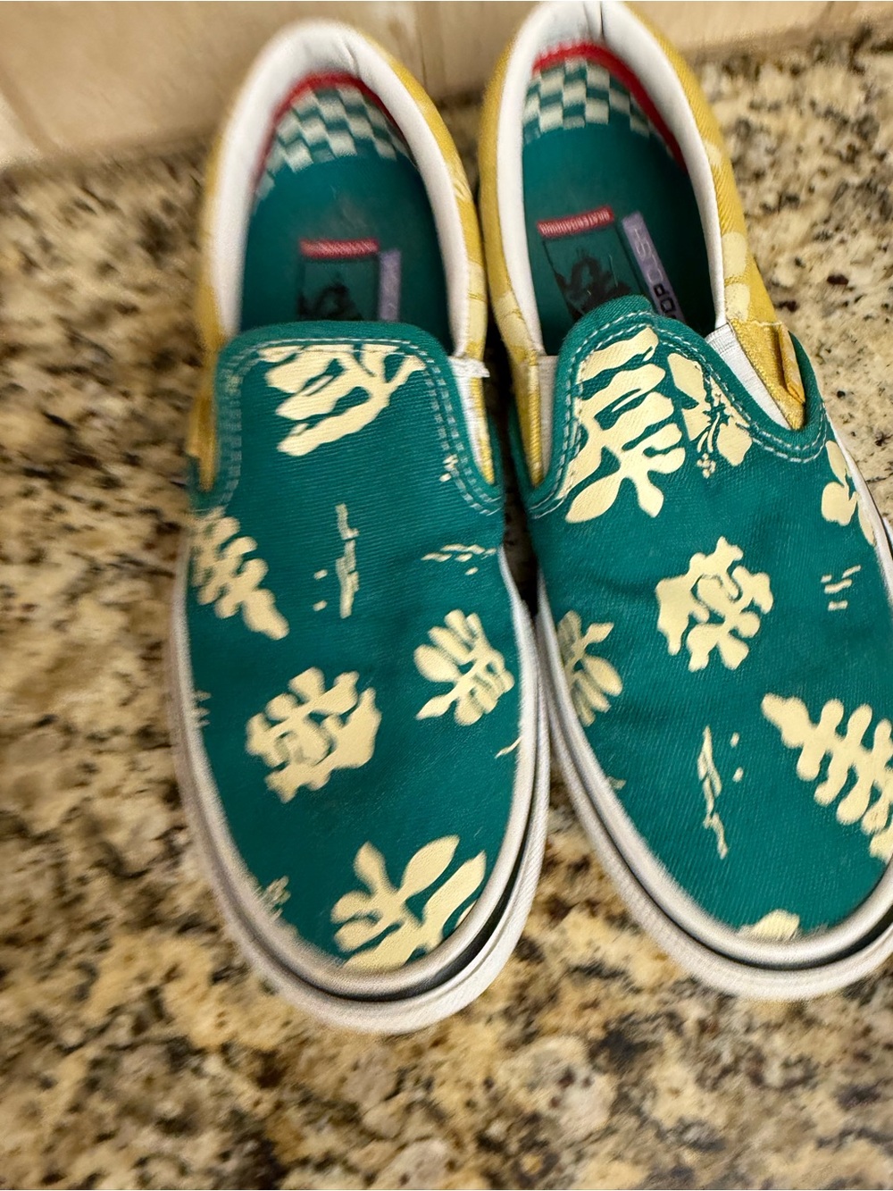Vans Kids Slip-On Sneakers in Teal and Yellow with Cream Leaf Print